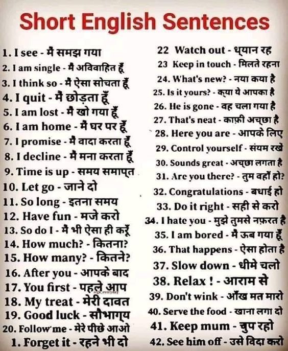 250 Common Daily Use English Sentences With Hindi Examples